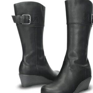 Crocs A-leigh Aleigh Boots Leather Tall Equestrian Riding Wedges Buckle Black 10